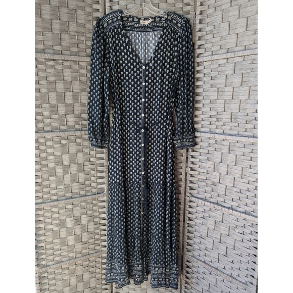 Faherty Dresses & Skirts - Faherty Orinda Long Sleeve Maxi Dress Navy Blue Block Print Button Up Tie Waist